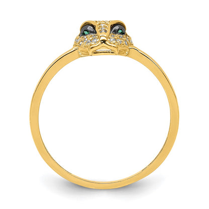 14K Yellow Gold Polished Green & White Cz Lioness Head Ring (Size 7 Only)