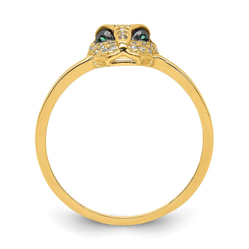 14K Yellow Gold Polished Green & White Cz Lioness Head Ring (Size 7 Only)