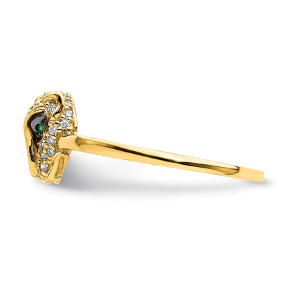 14K Yellow Gold Polished Green & White Cz Lioness Head Ring (Size 7 Only)