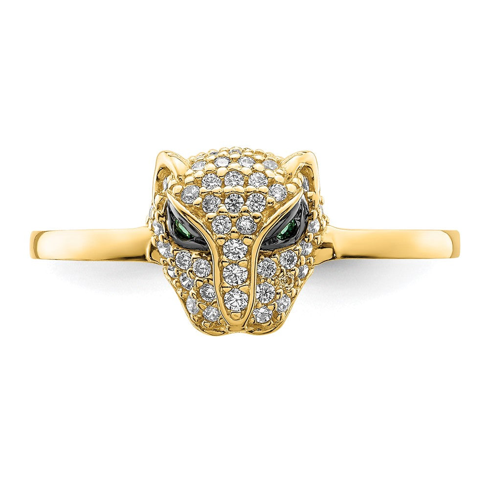 14K Yellow Gold Polished Green & White Cz Lioness Head Ring (Size 7 Only)