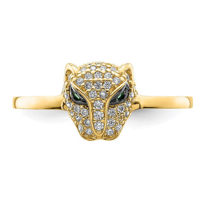 14K Yellow Gold Polished Green & White Cz Lioness Head Ring (Size 7 Only)