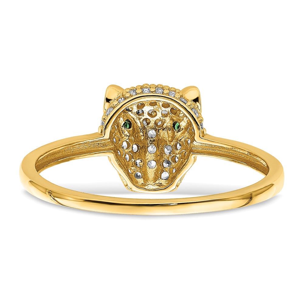 14K Yellow Gold Polished Green & White Cz Lioness Head Ring (Size 7 Only)