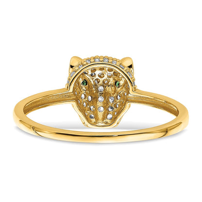 14K Yellow Gold Polished Green & White Cz Lioness Head Ring (Size 7 Only)