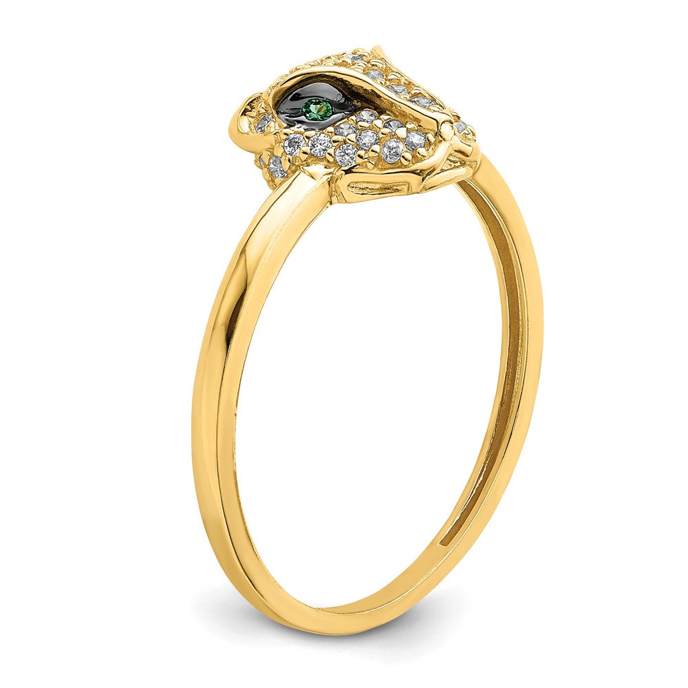 14K Yellow Gold Polished Green & White Cz Lioness Head Ring (Size 7 Only)