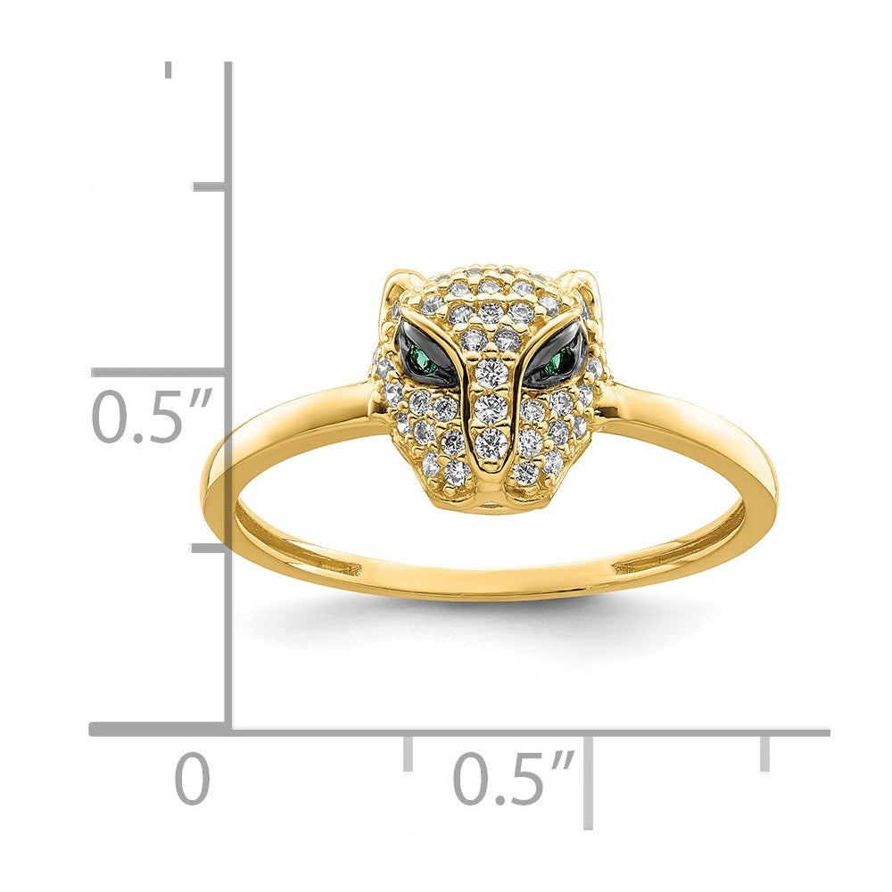 14K Yellow Gold Polished Green & White Cz Lioness Head Ring (Size 7 Only)