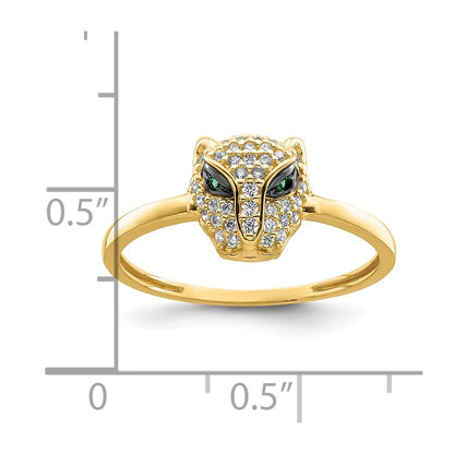 14K Yellow Gold Polished Green & White Cz Lioness Head Ring (Size 7 Only)