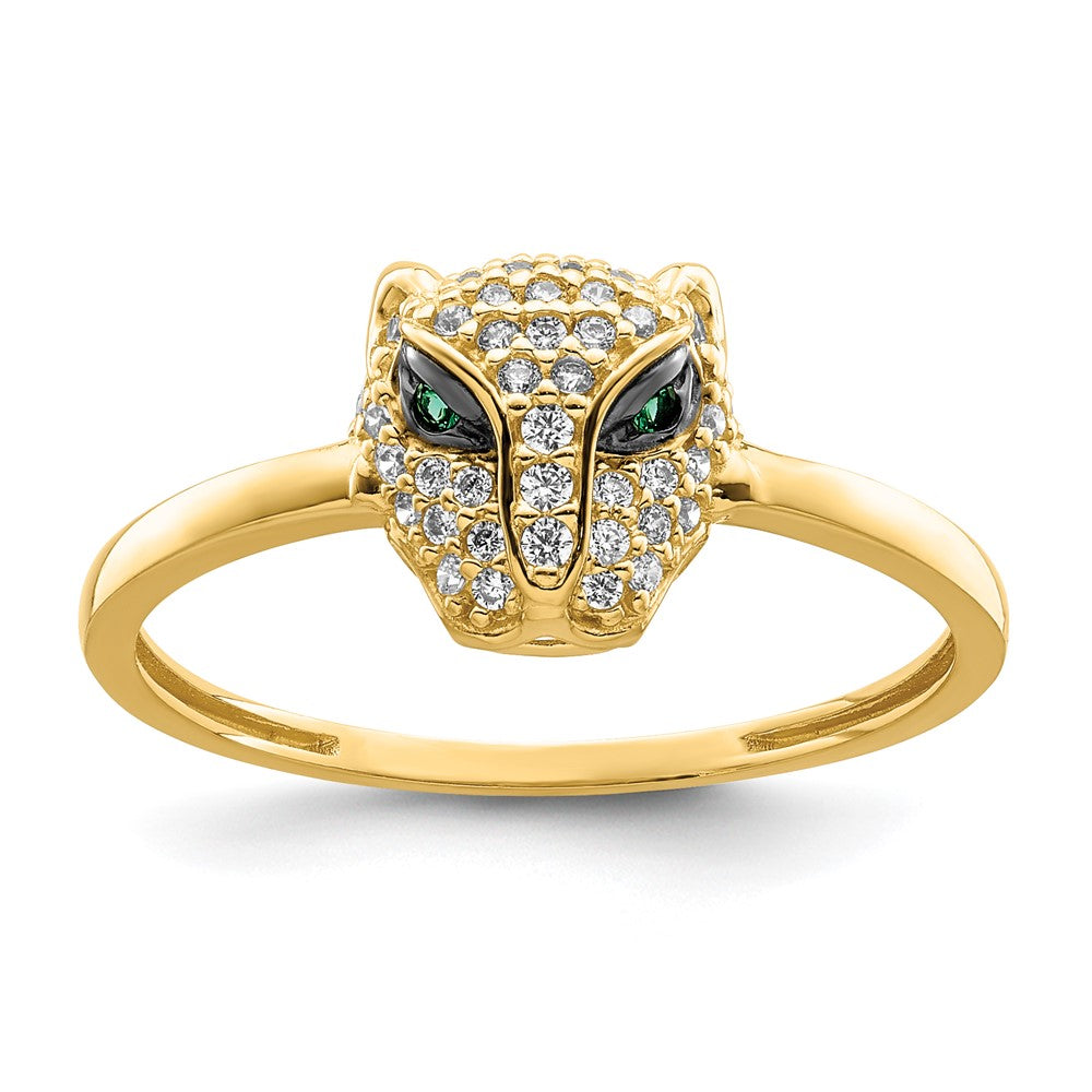 14K Yellow Gold Polished Green & White Cz Lioness Head Ring (Size 7 Only)