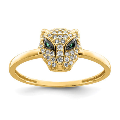 14K Yellow Gold Polished Green & White Cz Lioness Head Ring (Size 7 Only)