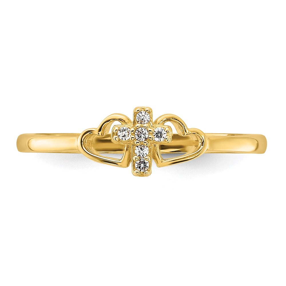 14K Yellow Gold Polished CZ Cross and Hearts Ring