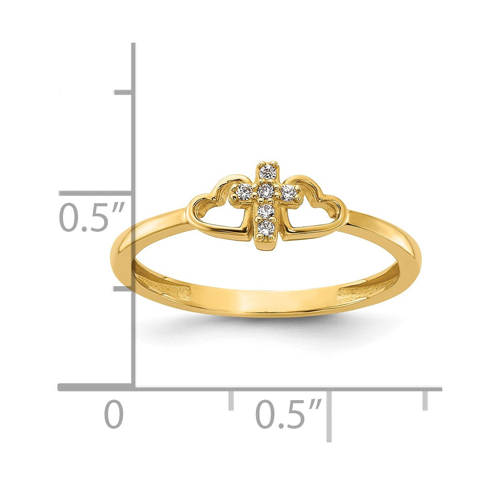 14K Yellow Gold Polished CZ Cross and Hearts Ring