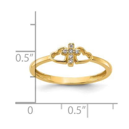 14K Yellow Gold Polished CZ Cross and Hearts Ring