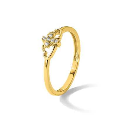 14K Yellow Gold Polished CZ Cross and Hearts Ring