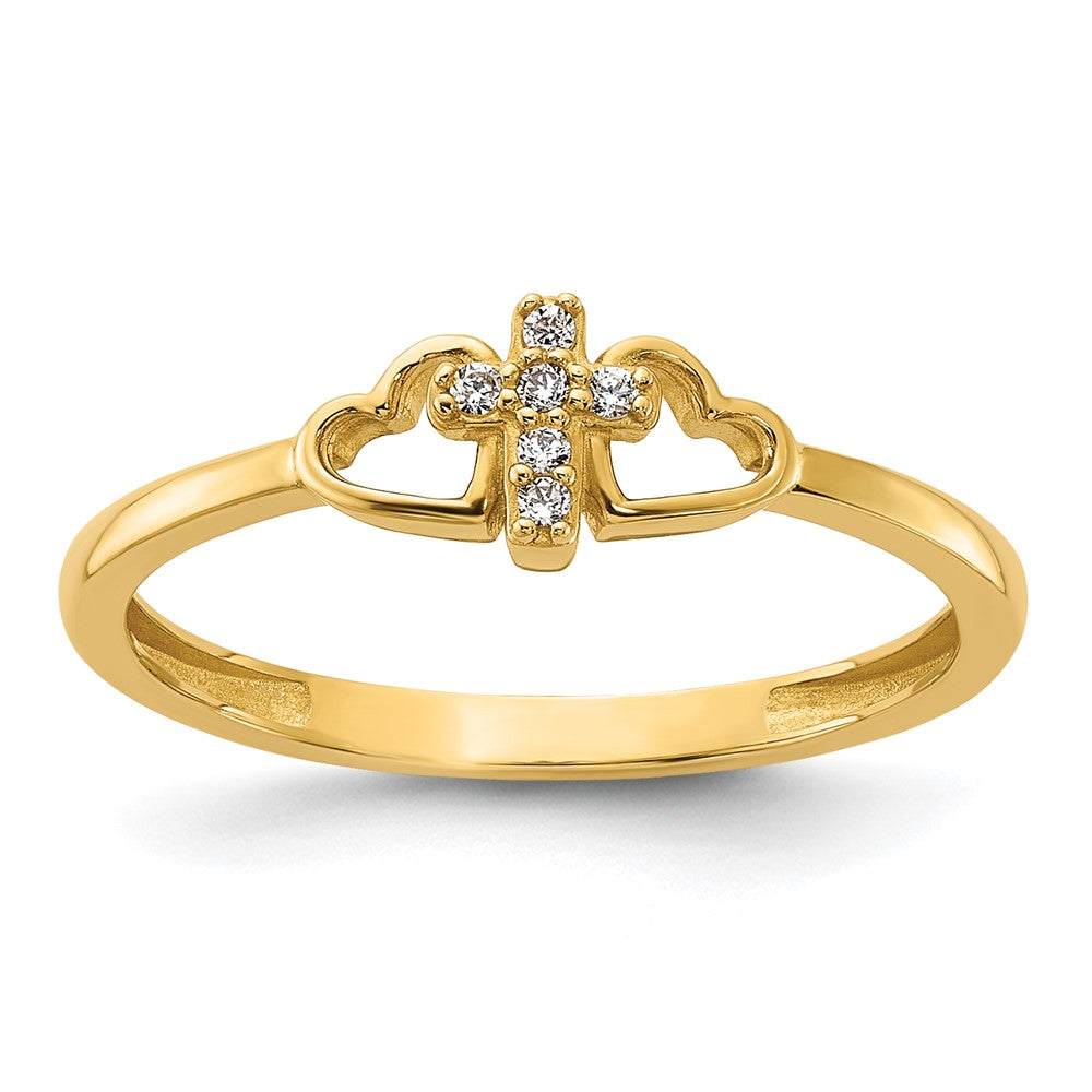 14K Yellow Gold Polished CZ Cross and Hearts Ring