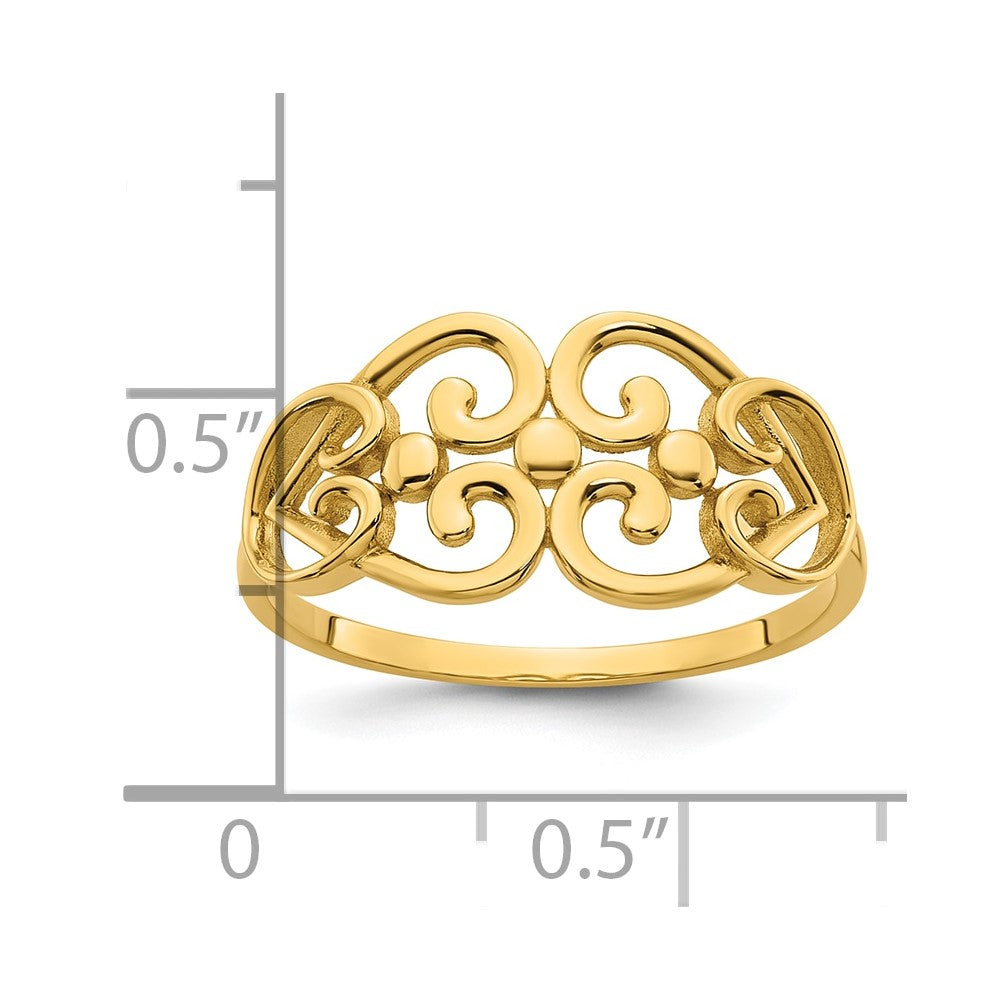 14K Yellow Gold Polished Cut Out Fancy Hearts Design Ring