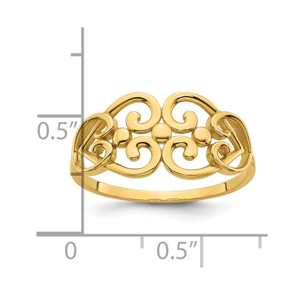 14K Yellow Gold Polished Cut Out Fancy Hearts Design Ring