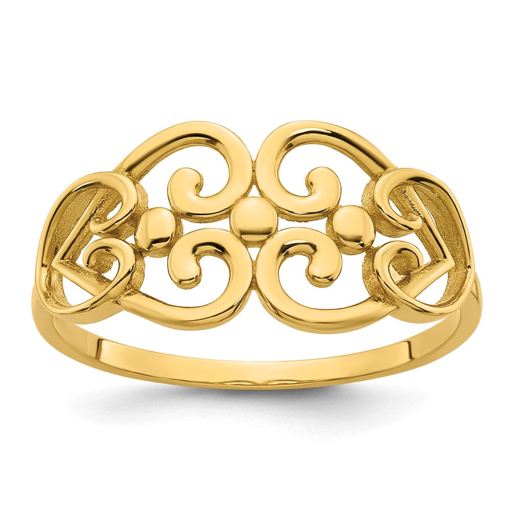 14K Yellow Gold Polished Cut Out Fancy Hearts Design Ring