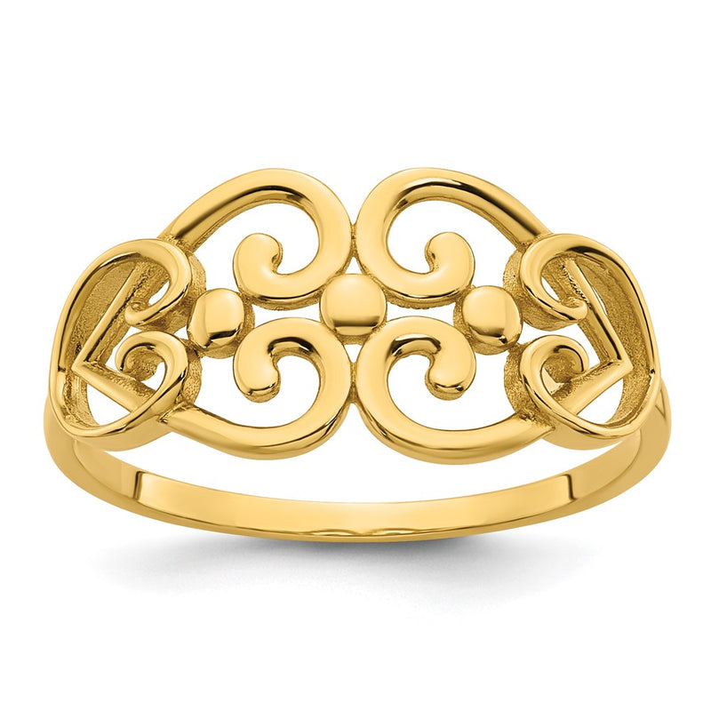 14K Yellow Gold Polished Cut Out Fancy Hearts Design Ring