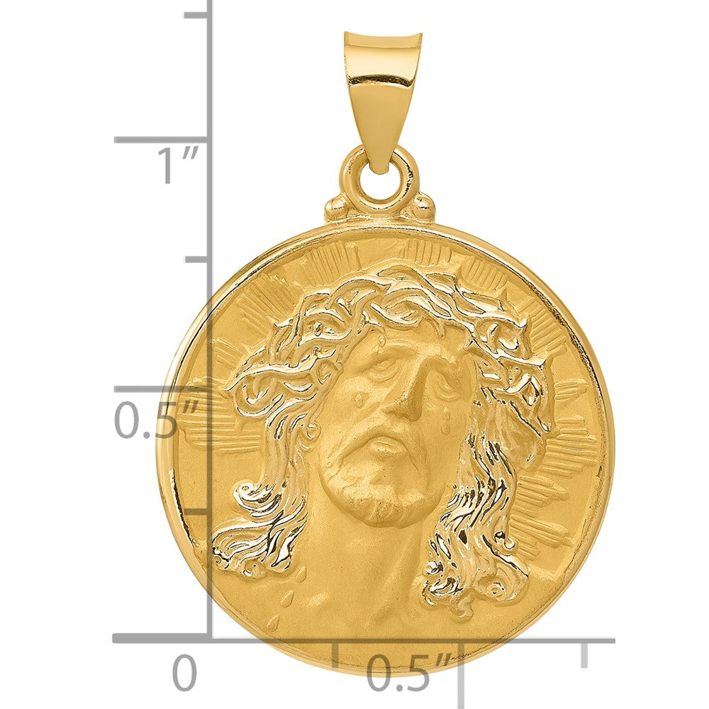 14K Yellow Gold Head Of Christ Medal Hollow Round Pendant