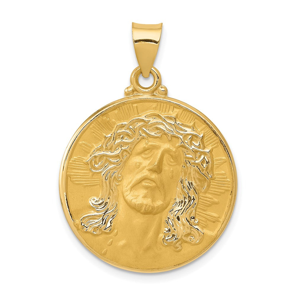 14K Yellow Gold Head Of Christ Medal Hollow Round Pendant