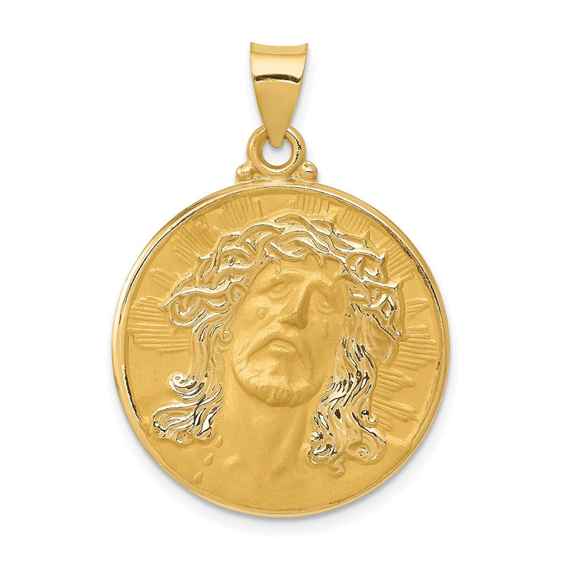 14K Yellow Gold Head Of Christ Medal Hollow Round Pendant