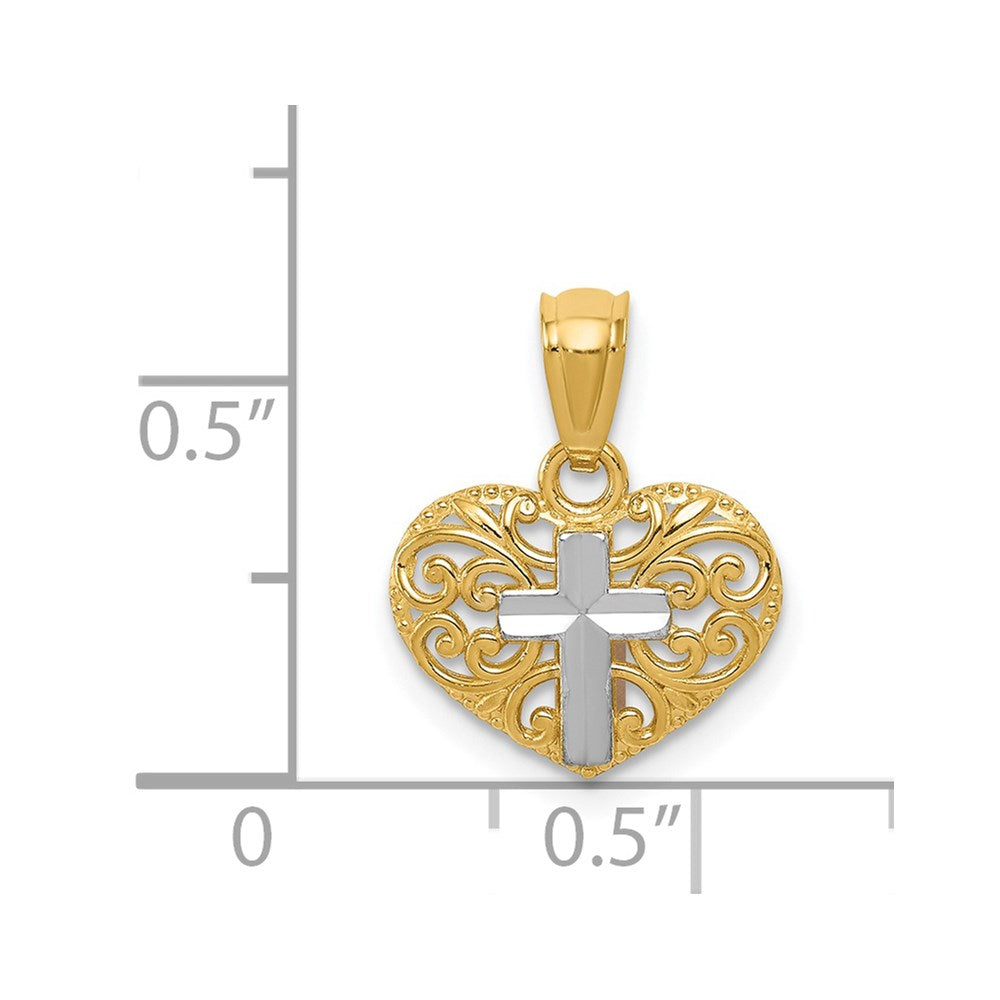 14K Yellow & Rhodium W/Rhodium Cross In Heart Pendant