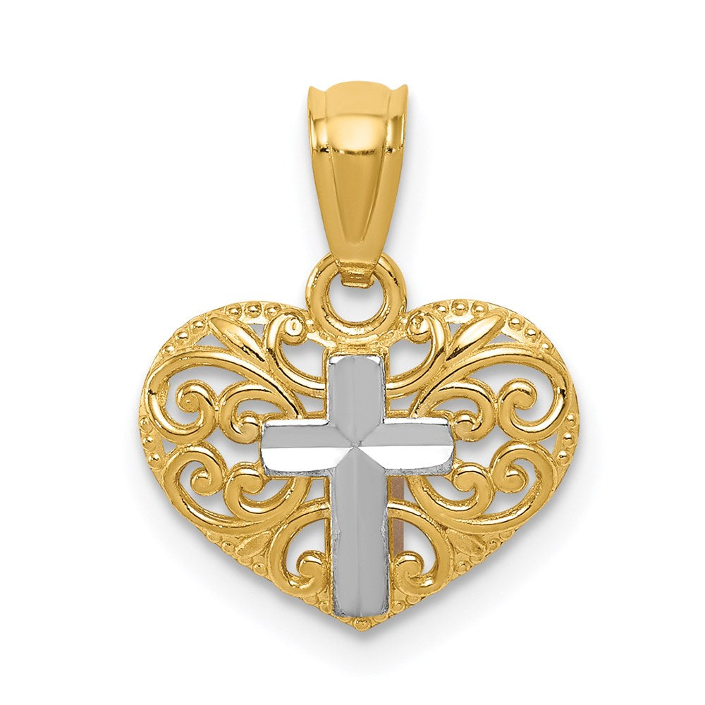14K Yellow & Rhodium W/Rhodium Cross In Heart Pendant