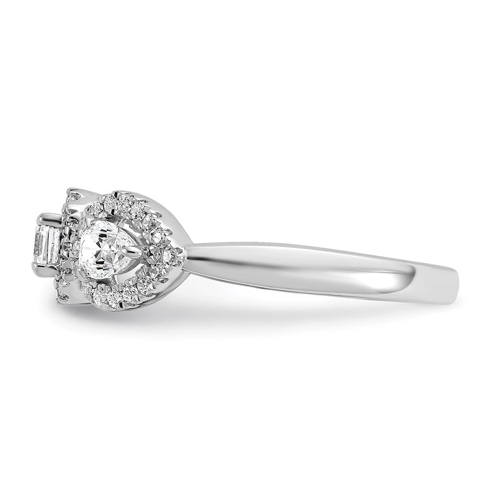 14K White Gold 5/8 Carat Lab Grown Diamond Vs/Si+ G+ Three Stone Emerald And Pear Complete Engagement Ring (Size 7 Only)