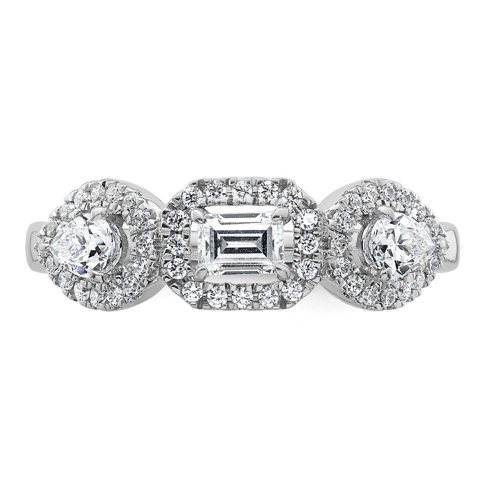 14K White Gold 5/8 Carat Lab Grown Diamond Vs/Si+ G+ Three Stone Emerald And Pear Complete Engagement Ring (Size 7 Only)