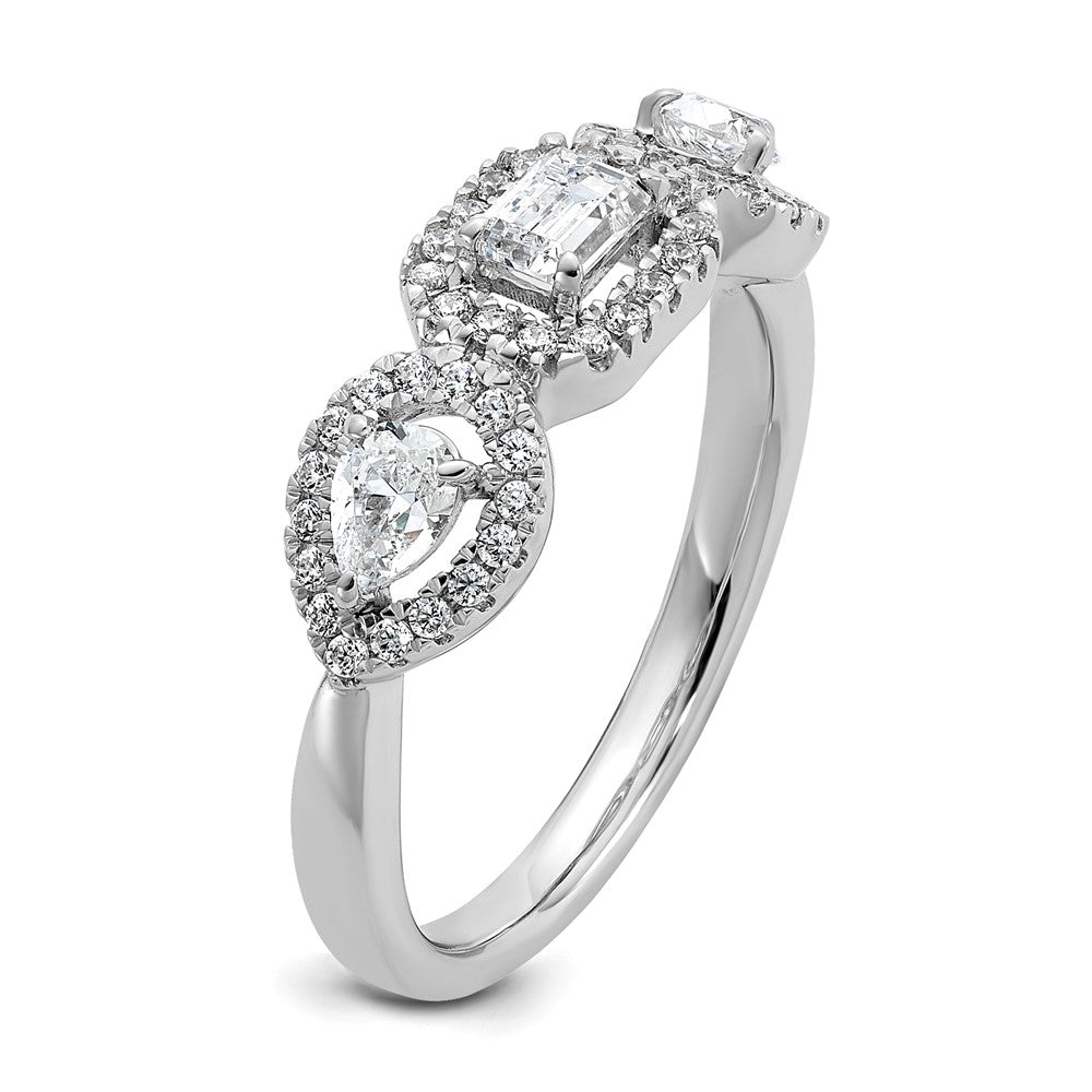 14K White Gold 5/8 Carat Lab Grown Diamond Vs/Si+ G+ Three Stone Emerald And Pear Complete Engagement Ring (Size 7 Only)
