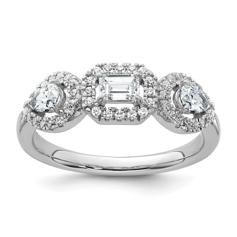 14K White Gold 5/8 Carat Lab Grown Diamond Vs/Si+ G+ Three Stone Emerald And Pear Complete Engagement Ring (Size 7 Only)