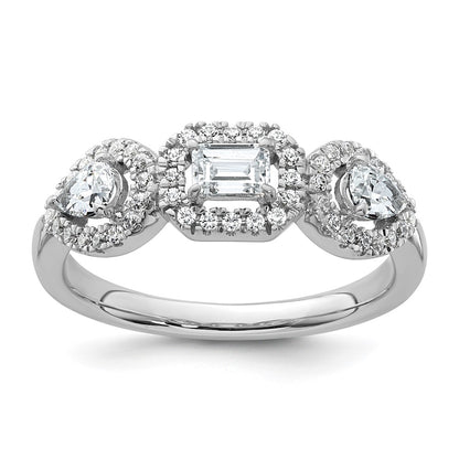 14K White Gold 5/8 Carat Lab Grown Diamond Vs/Si+ G+ Three Stone Emerald And Pear Complete Engagement Ring (Size 7 Only)