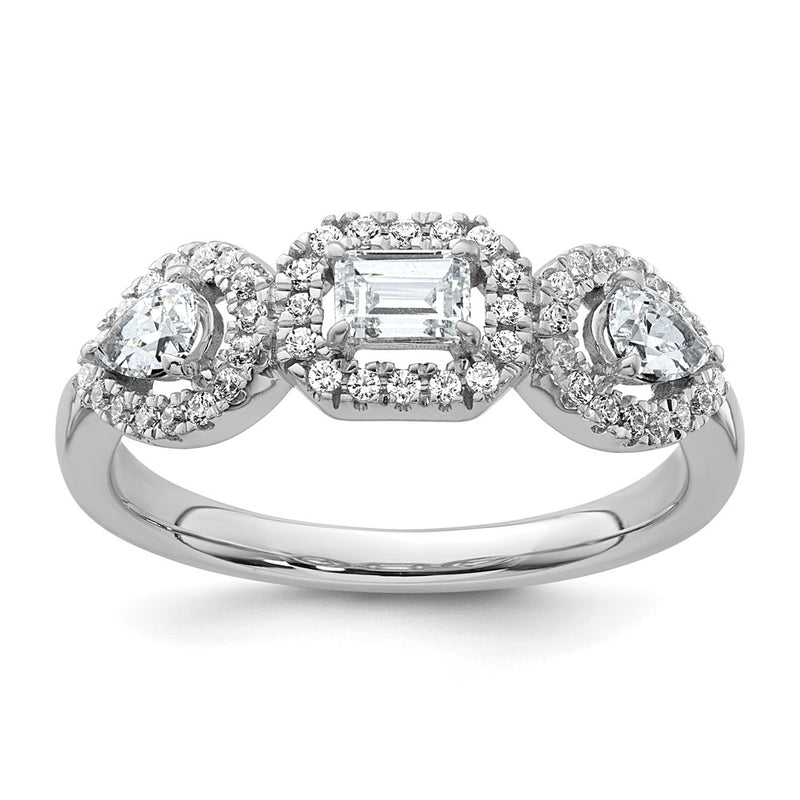 14K White Gold 5/8 Carat Lab Grown Diamond Vs/Si+ G+ Three Stone Emerald And Pear Complete Engagement Ring (Size 7 Only)