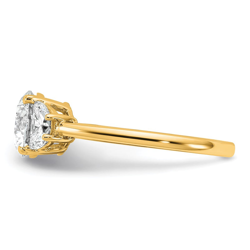 14K Yellow Gold 1/2 carat Lab Grown Diamond VS+ F+ 1 1/2 carat Center Round Semi Mount Three Stone Engagement Ring