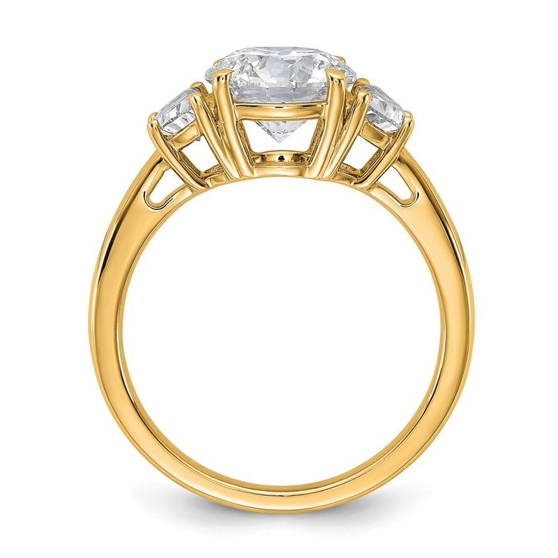 14K Yellow Gold 1/2 carat Lab Grown Diamond VS+ F+ 2 carat Center Round Semi Mount Three Stone Engagement Ring