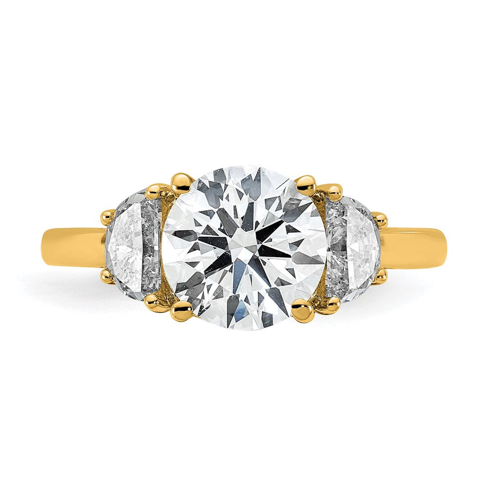 14K Yellow Gold 1/2 carat Lab Grown Diamond VS/SI+ G+ 2 carat Center Round Semi Mount Three Stone Engagement Ring