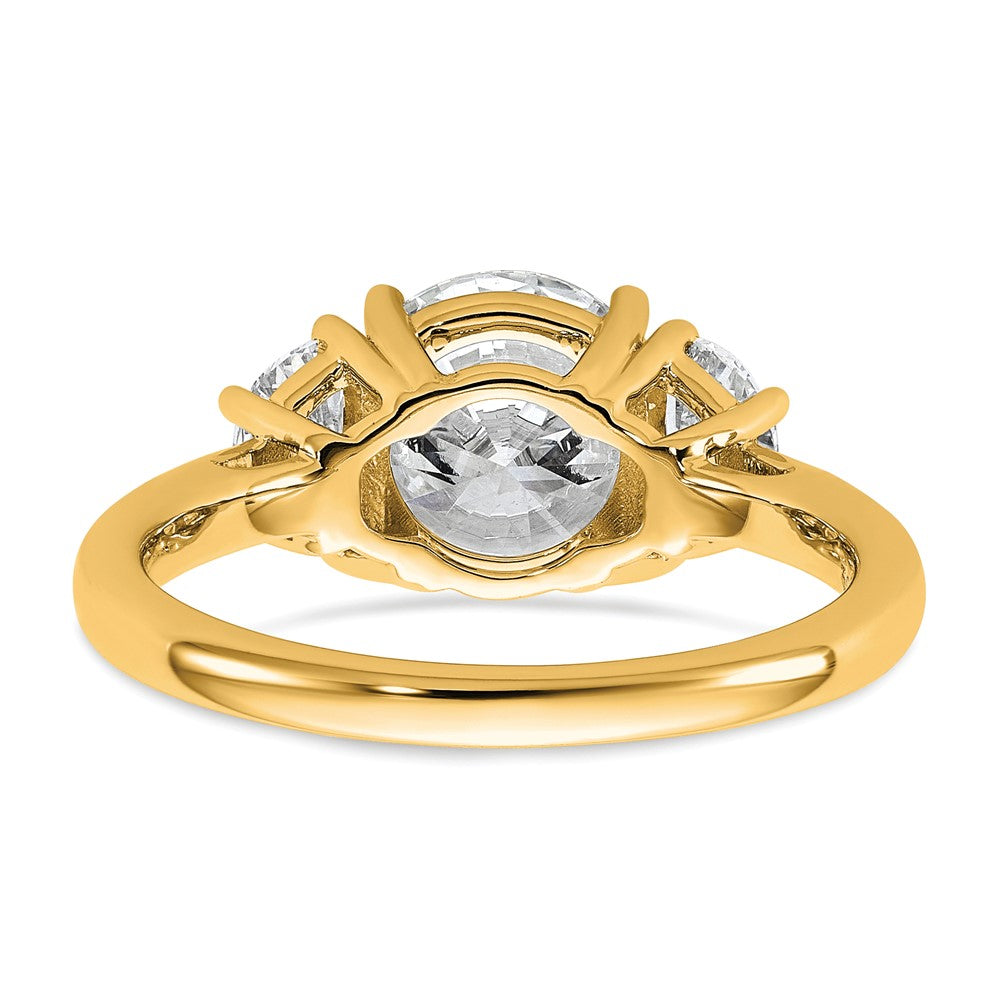 14K Yellow Gold 1/2 carat Lab Grown Diamond VS+ F+ 2 carat Center Round Semi Mount Three Stone Engagement Ring