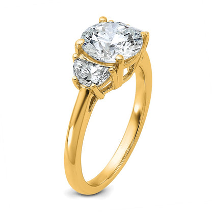14K Yellow Gold 1/2 carat Lab Grown Diamond VS+ F+ 2 carat Center Round Semi Mount Three Stone Engagement Ring