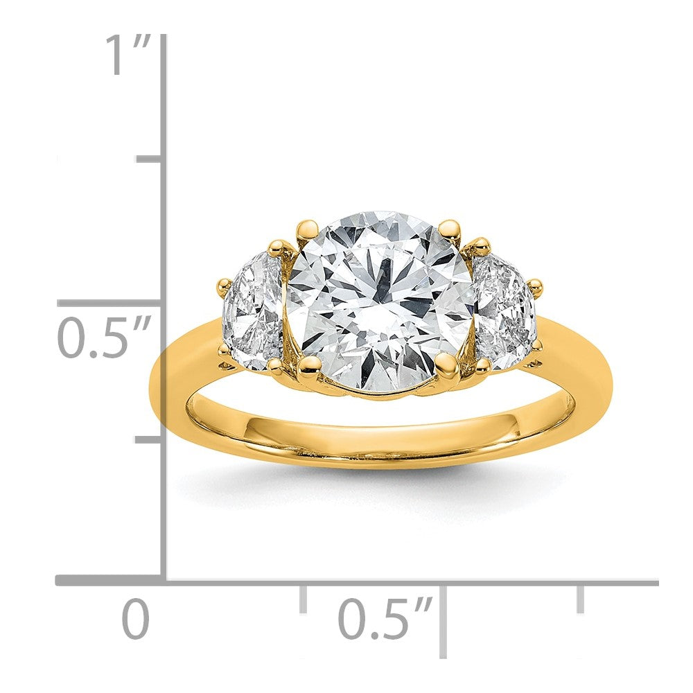 14K Yellow Gold 1/2 carat Lab Grown Diamond VS/SI+ G+ 2 carat Center Round Semi Mount Three Stone Engagement Ring