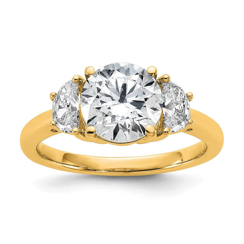 14K Yellow Gold 1/2 carat Lab Grown Diamond VS/SI+ G+ 2 carat Center Round Semi Mount Three Stone Engagement Ring