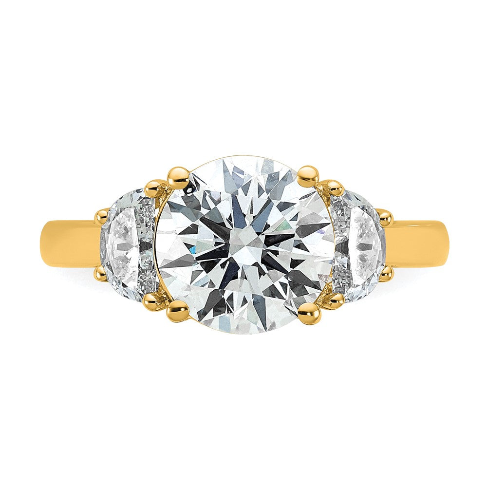 14K Yellow Gold 5/8 carat Lab Grown Diamond VS+ F+ 2 1/2 carat Center Round Semi Mount Three Stone Engagement Ring