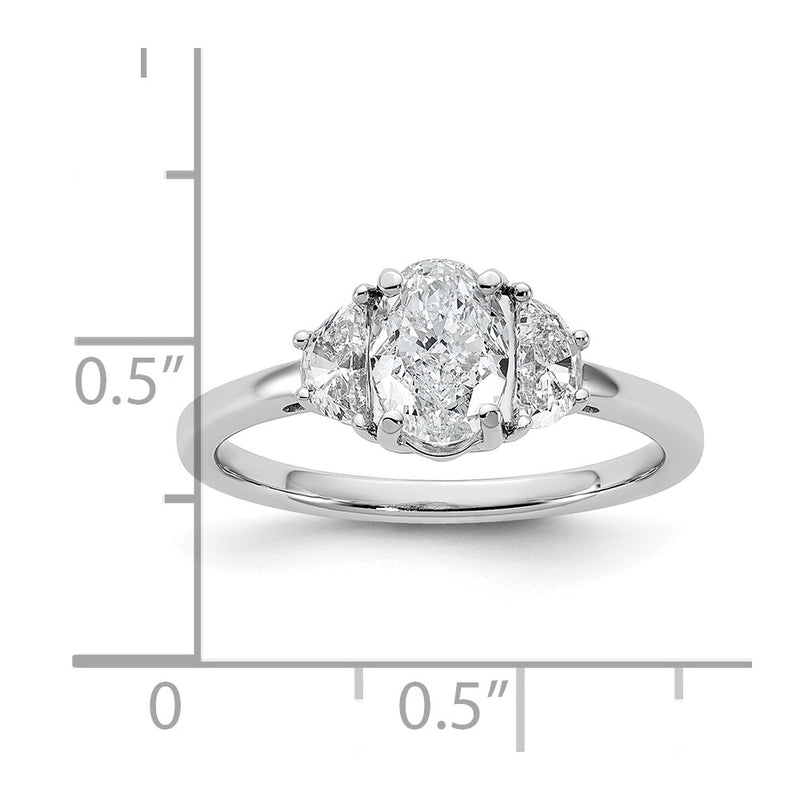 14K White Gold 3/8 carat Lab Grown Diamond VS/SI+ G+ Half Moon and 1 carat Oval Center Semi Mount Three Stone Engagement Ring