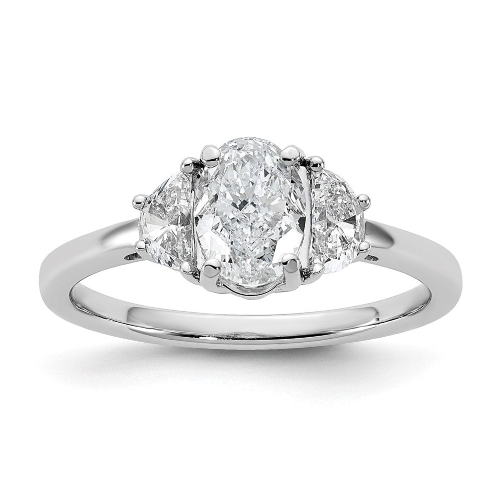 14K White Gold 3/8 carat Lab Grown Diamond VS+ F+ Half Moon and 1 carat Oval Center Semi Mount Three Stone Engagement Ring
