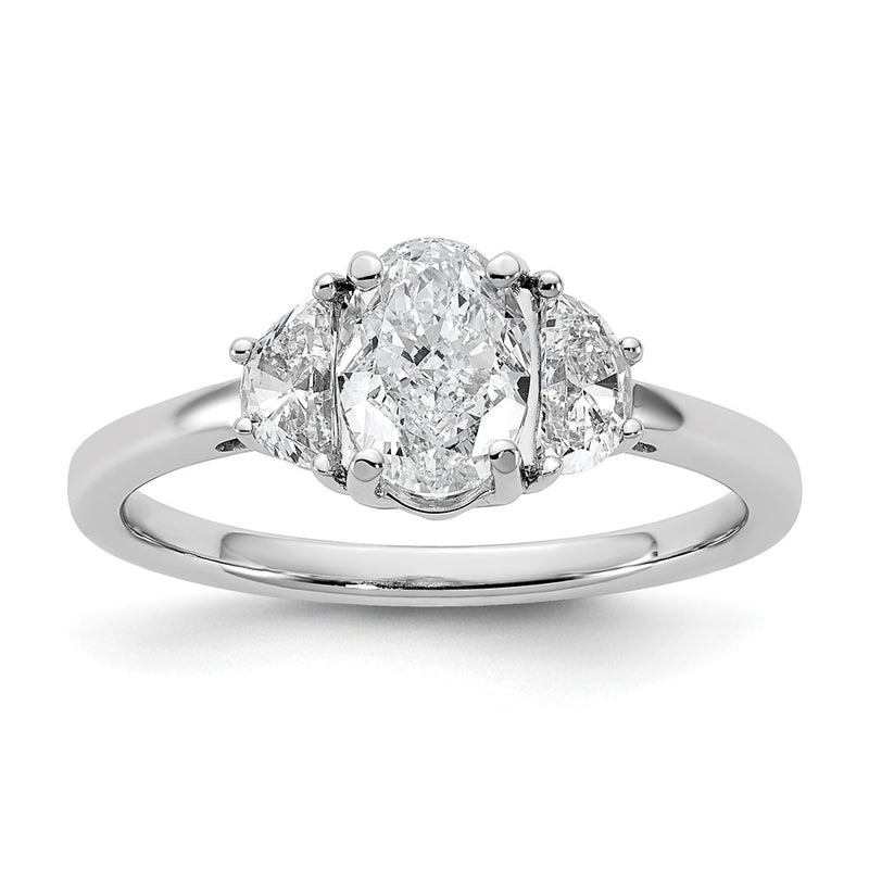 14K White Gold 3/8 carat Lab Grown Diamond VS+ F+ Half Moon and 1 carat Oval Center Semi Mount Three Stone Engagement Ring
