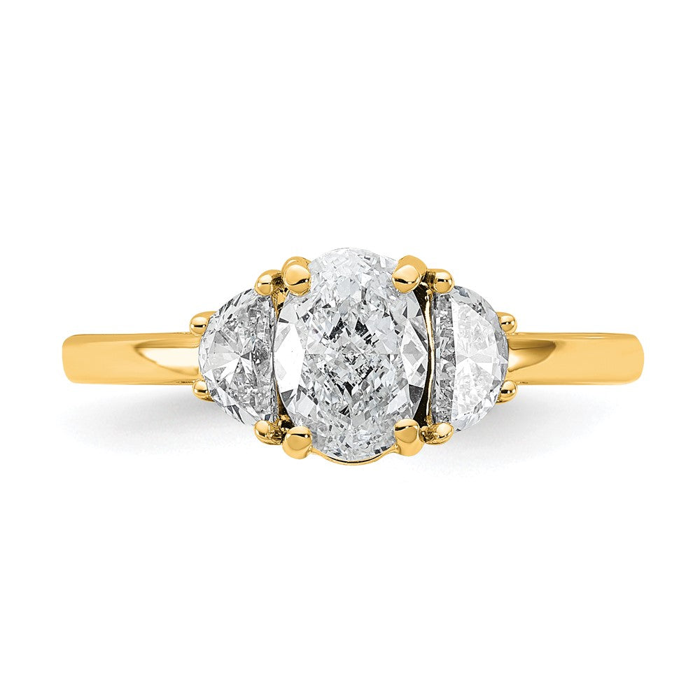 14K Yellow Gold 3/8 carat Lab Grown Diamond VS/SI+ G+ Half Moon and 1 carat Oval Center Semi Mount Three Stone Engagement Ring