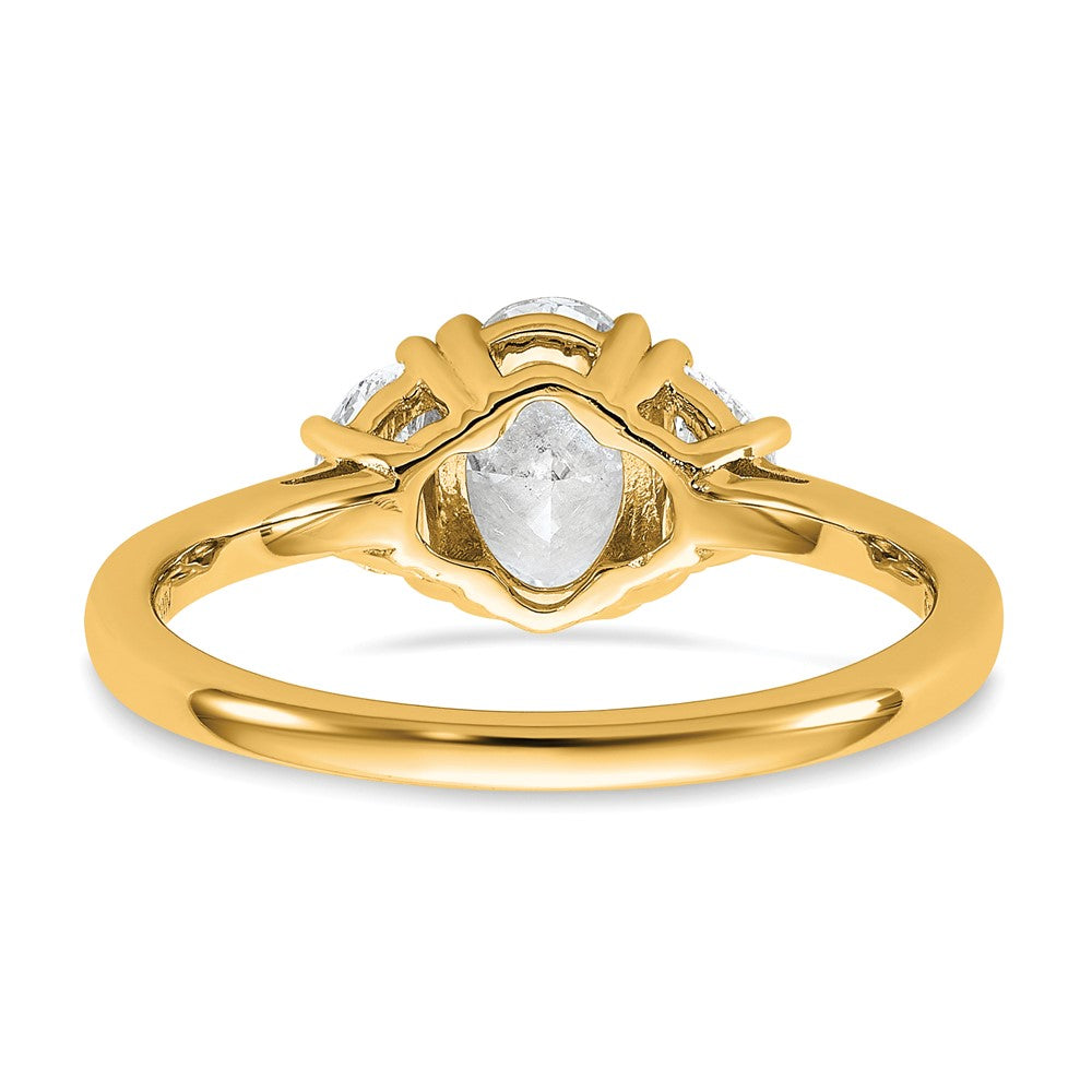 14K Yellow Gold 3/8 carat Lab Grown Diamond VS+ F+ Half Moon and 1 carat Oval Center Semi Mount Three Stone Engagement Ring