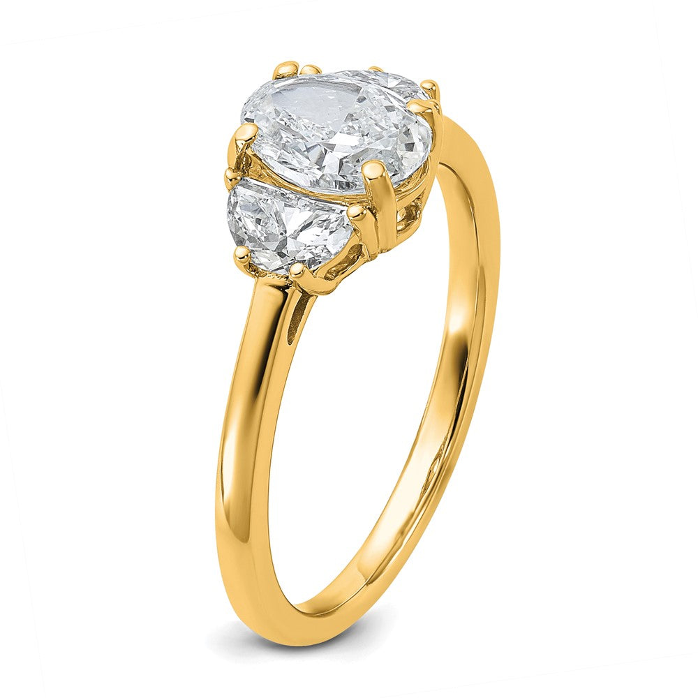 14K Yellow Gold 3/8 carat Lab Grown Diamond VS+ F+ Half Moon and 1 carat Oval Center Semi Mount Three Stone Engagement Ring