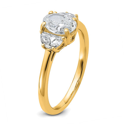 14K Yellow Gold 3/8 carat Lab Grown Diamond VS+ F+ Half Moon and 1 carat Oval Center Semi Mount Three Stone Engagement Ring