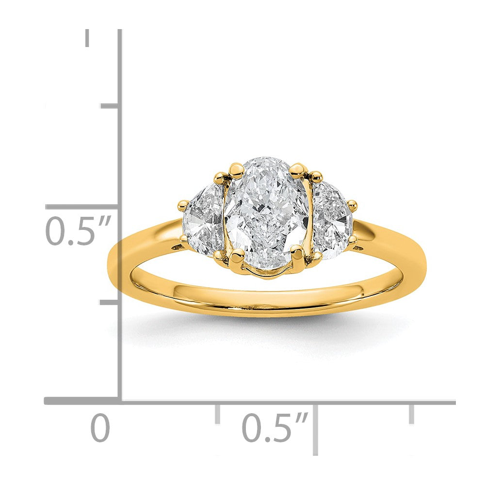 14K Yellow Gold 3/8 carat Lab Grown Diamond VS+ F+ Half Moon and 1 carat Oval Center Semi Mount Three Stone Engagement Ring