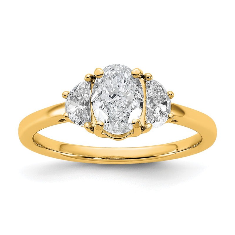 14K Yellow Gold 3/8 carat Lab Grown Diamond VS/SI+ G+ Half Moon and 1 carat Oval Center Semi Mount Three Stone Engagement Ring