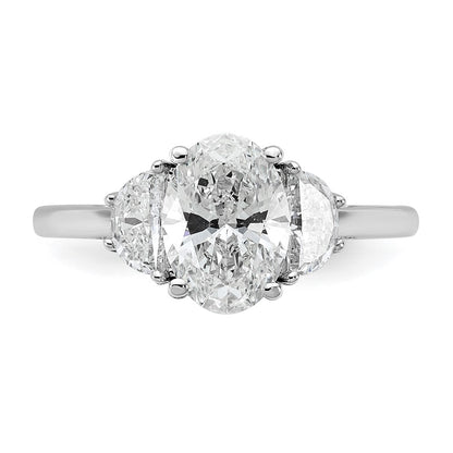 14K White Gold 1/2 carat Lab Grown Diamond VS+ F+ Half Moon and 1 1/2 carat Oval Center Semi Mount Three Stone Engagement Ring